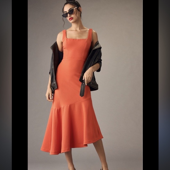 Anthropologie Ariana square neck asymmetrical ruffle hem dress orange small NWT - Picture 2 of 15